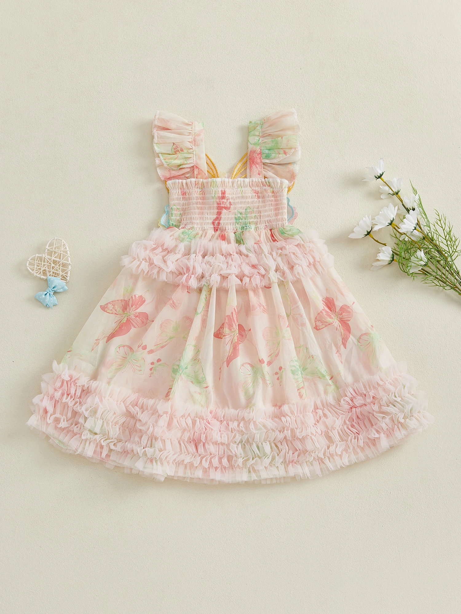 FOCUSNORM 1-5 Jahre Kleine Kinder Mädchen Kleid Schmetterlingsdruck Fliegenärmel Rüschen Freizeitkleid Kinder Mode Sommerkleid – Detail 7
