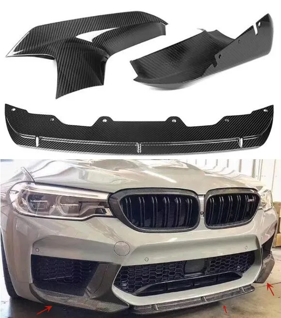 

For BMW F90 M5 2021 2022 2023 Real Carbon Fiber Front Bumper Splitters Lip Spoiler + Side Aprons Angle