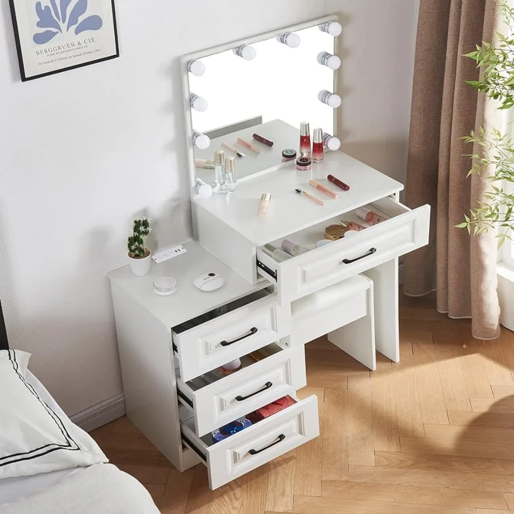 Makeup Vanity Table with Lighted Mirror, Vanity Desk Set with Shelves,  Dresser Desk and Cushioned Stool Set White