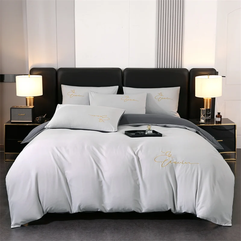 

Embroidery Bedding Set, Skin Friendly Quilt Cover, Monochromatic, Bed Cover Set, Single, Double, Queen Duvet Cover, High Quality