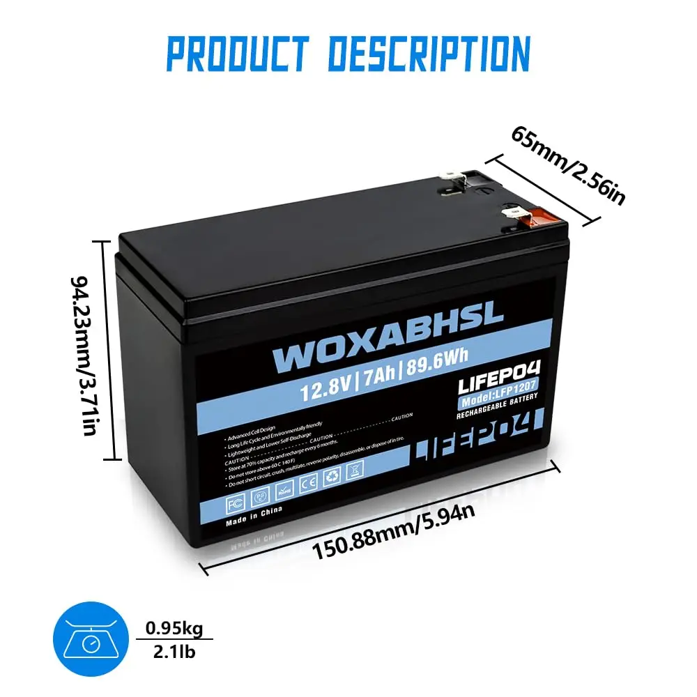 12V 7Ah LiFePO4 Lithium Battery, 2 PCS, Built-in BMS, 5000+ Cycles Rechargeable Battery for Solar/Wind Power, Small UPS