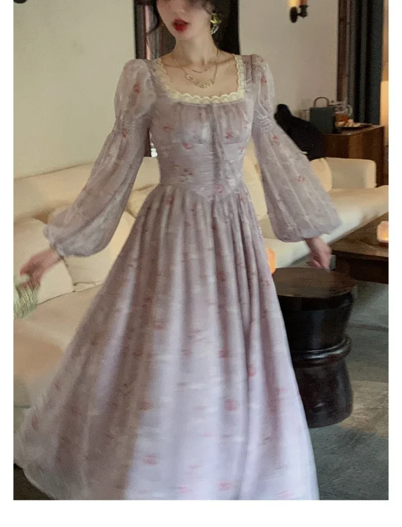 

French Elegant Square Neck Chiffon Dress for Women 2023 Summer Evening Party Long Sleeve Female Dress Casual Fashion Midi Dress