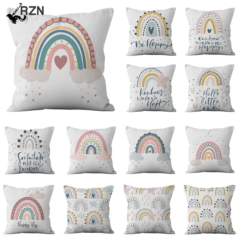 

Rainbow Print Pillowcase Living Room Sofa Home Decoration Cartoon Geometric Pillowslip 45x45cm Letter Polyester Cushion Cover