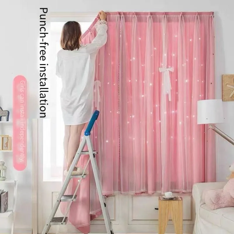 Blackout Curtains Living Room Bedroom Shading Non-punching Easy Install Window Drapes Decoration Princess Romantic Cortina New 6