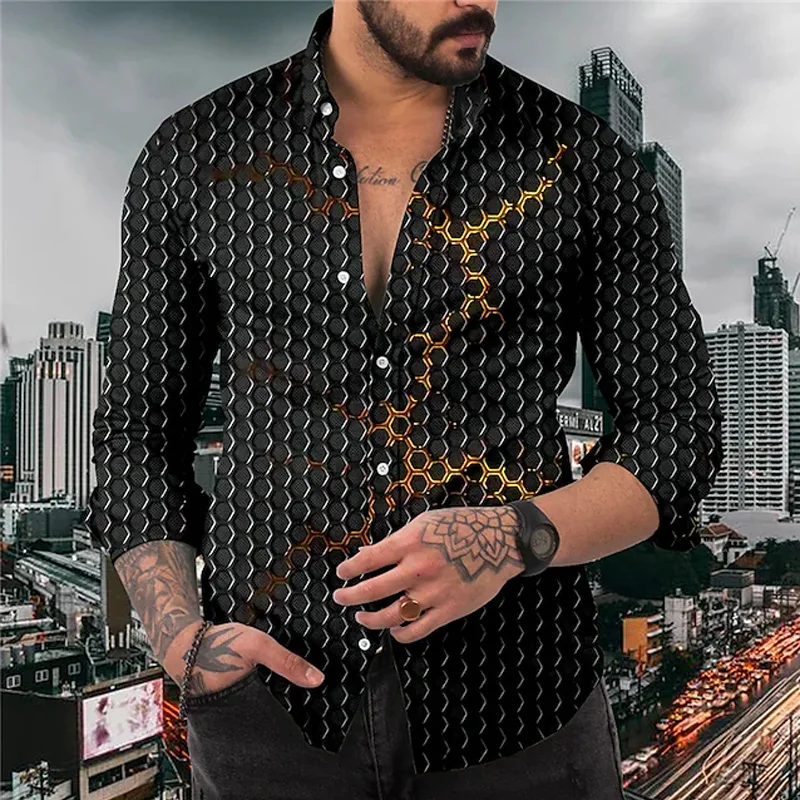 

Luxury Oversized Men's Clothing Casual Hexagonal Pattern Printed Long Sleeve Shirts Designer Turn-down Single-Breasted Cardigan