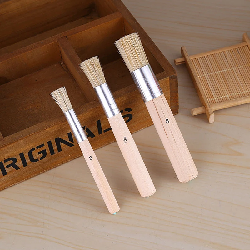 

3PCS Set Wooden Stencil Brush Chalk Paint Natural Pure Hog Bristle brush Round Art Stationery Supplies