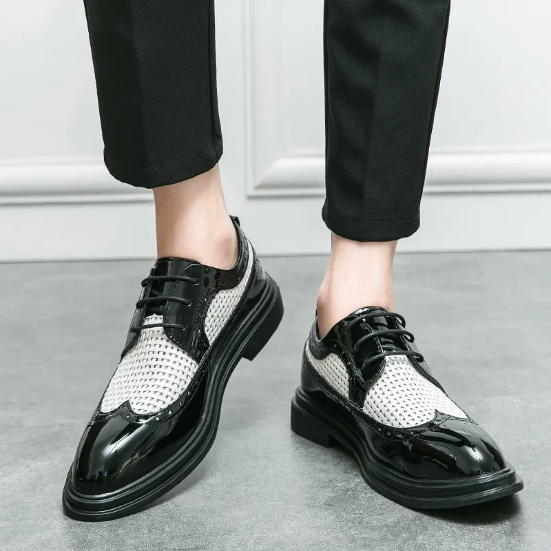 

Italian Black Formal Shoes Summer Hollow Men Loafers Wedding Dress Shoes Patent Leather Oxford Shoes Leather Man Moccasins