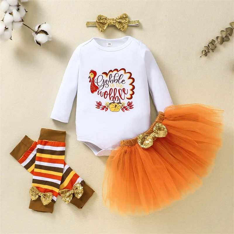 

0-2Y Baby Girls Thanksgiving Clothes Turkey Print Long Sleeves Romper and Tulle Skirt Cute Headband Socks Fall Outfit
