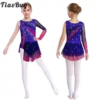 Robe de danse lyrique pour filles, Costume de gymnastique, danse rythmique, couleur contrastée, asymétrique, fendue, strass, justaucorps 1