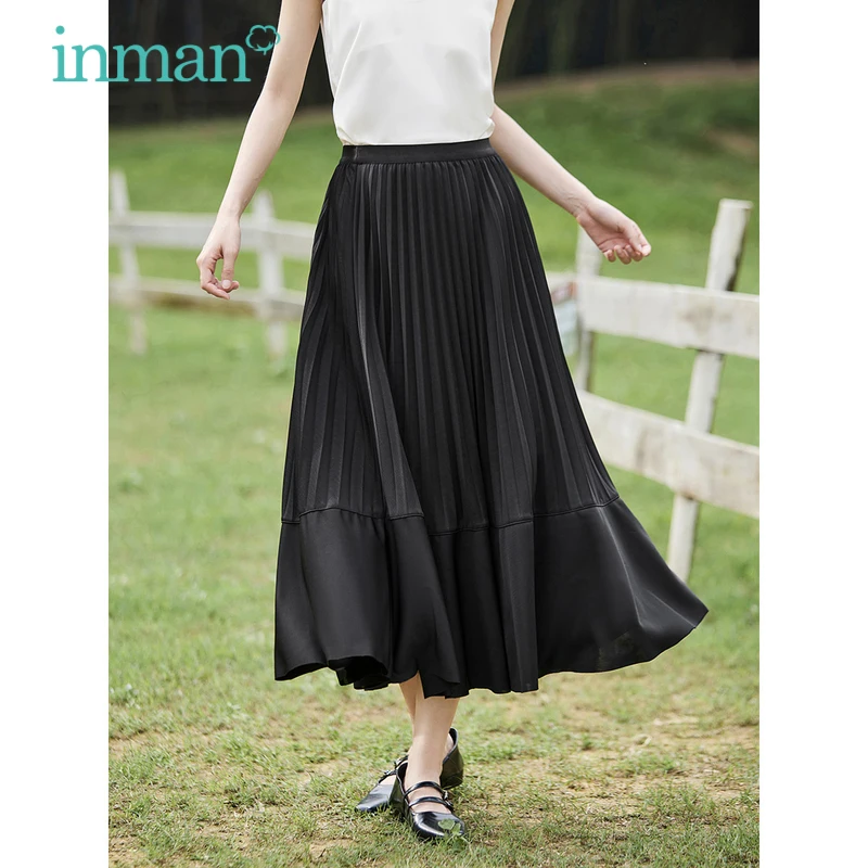 INMAN Women Pleated Skirt 2023 Summer Elastic Waist A-shaped Loose Fashion French Romantic Apricot Black Mid-length Skirt