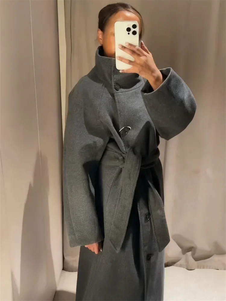 Mode Damen Grau Stehkragen Langer Mantel mit Krawatte Taille Volle Ärmel Wollmischung Vintage Lady Winter Oberbekleidung High Street Outfit – Detail 4