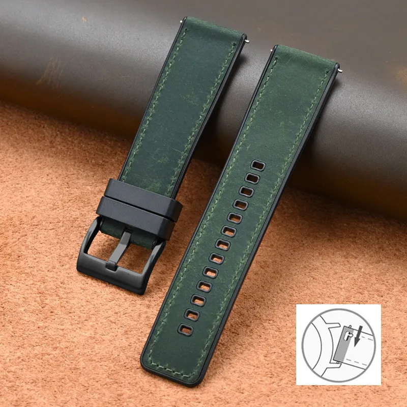 Vintage Crazy Horse Leather & Rubber Waterproof Quick Release Strap - Universal Retro Watch Band