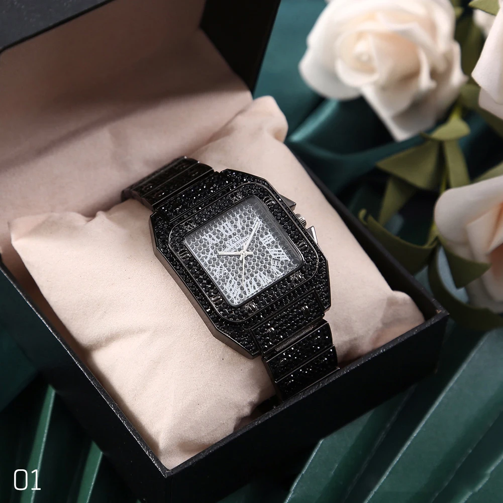 Super Shine Hip Hop Iced Out Men Watch Square Diaond Quartz Mens Wrist Watches Gold Roan Calendar Steel Clock_voghion.com