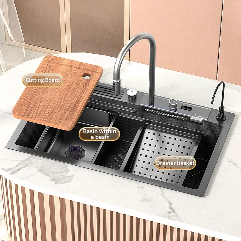 Smart kitchen Sink Stainless steel Sink Waterfall Large Nano Multifunction Wash Basin With Knife Holder Single Bowl Dishwasher