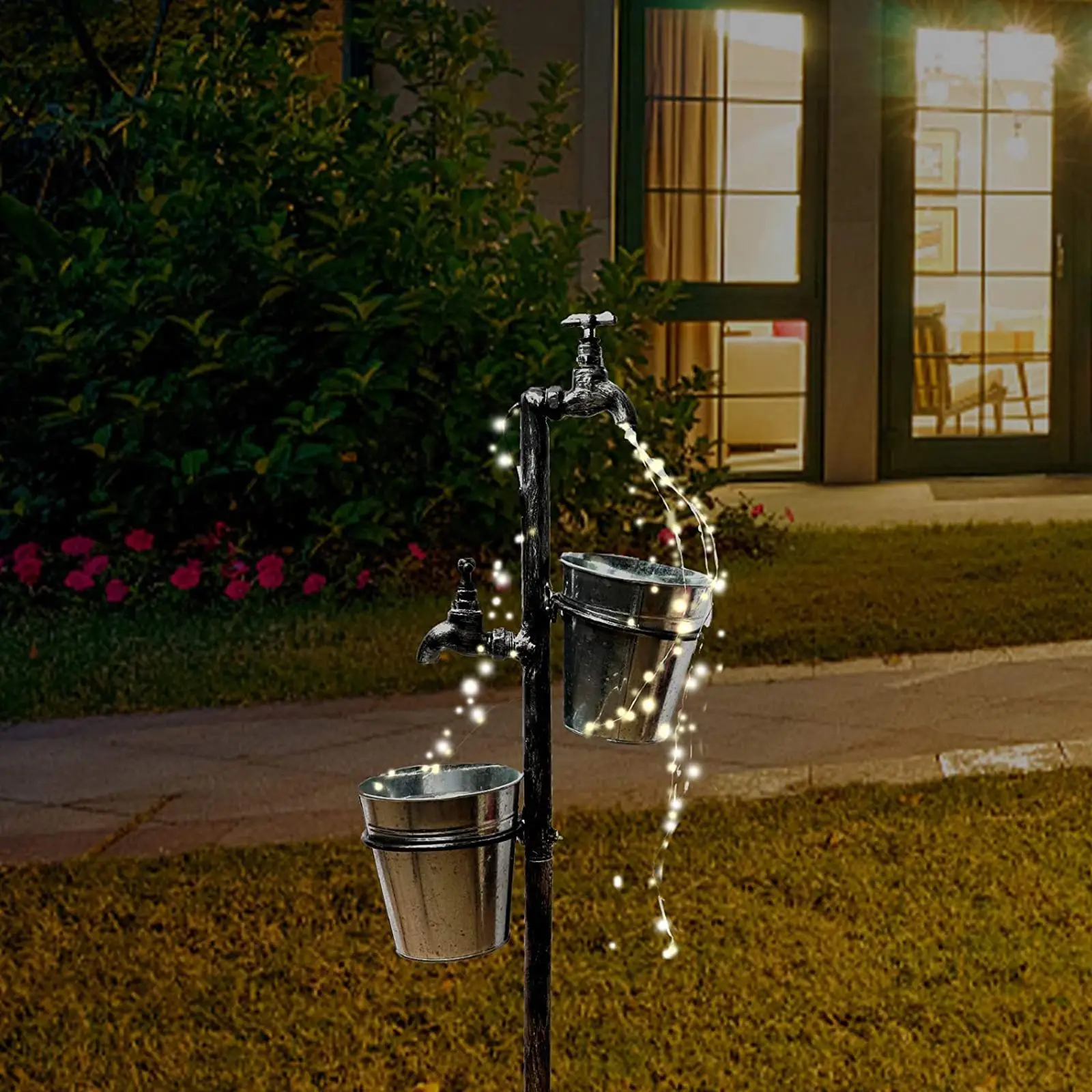

Solar Powered Double Faucets & Water Buckets Sprinkles Star String Lights for Garden Outdoor Party Decoration Summer Lighting