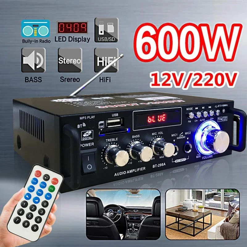 

600W 12V 220V Home Amplifier HIFI USB FM Radio Car Audio Bluetooth Amplifiers Subwoofer Theater Sound System With Remote Control