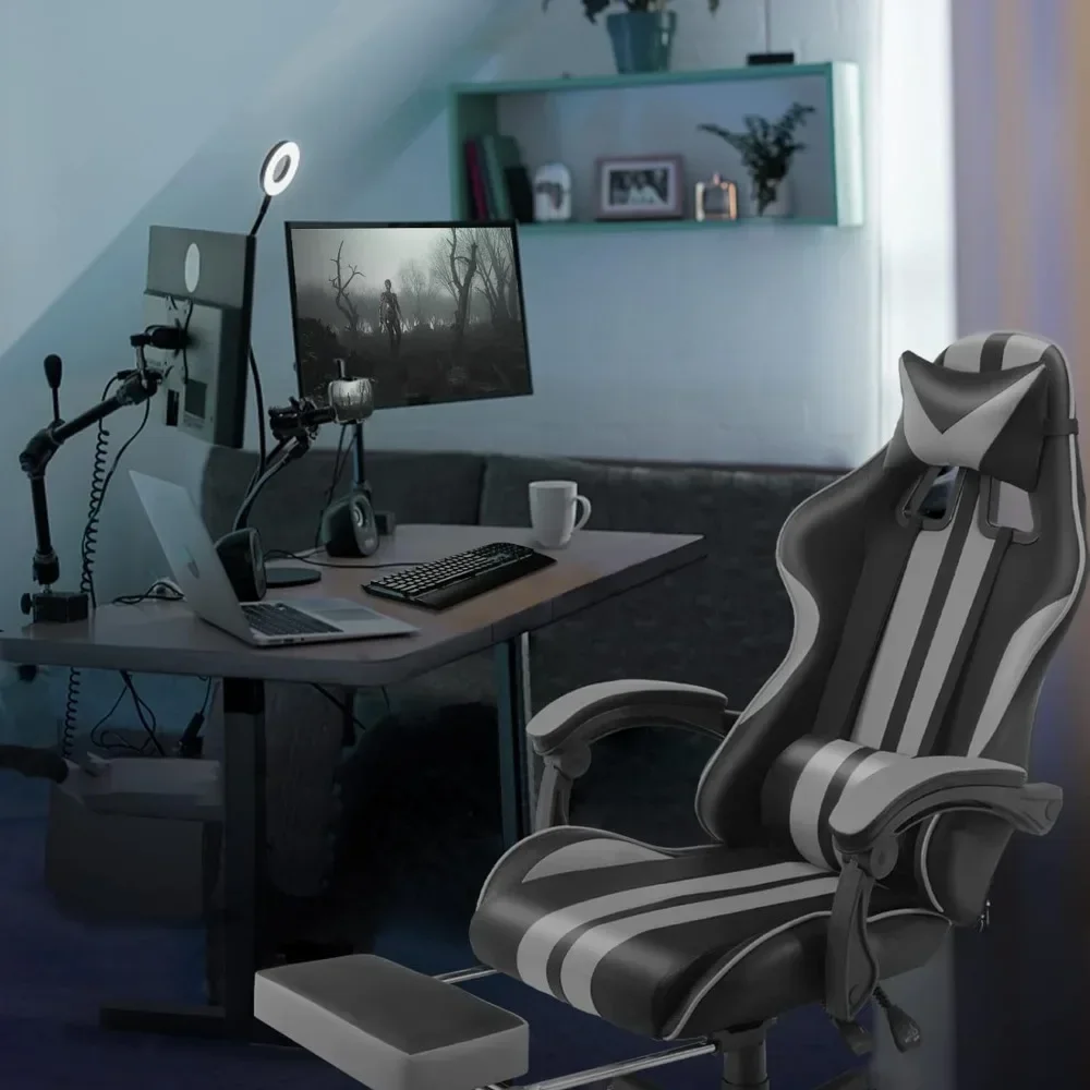 Grey Gaming Chairs with Footrest,PC Gaming Chair,Computer Chair, E-Sports Chair,Ergonomic Office Chair with Adjustable 2