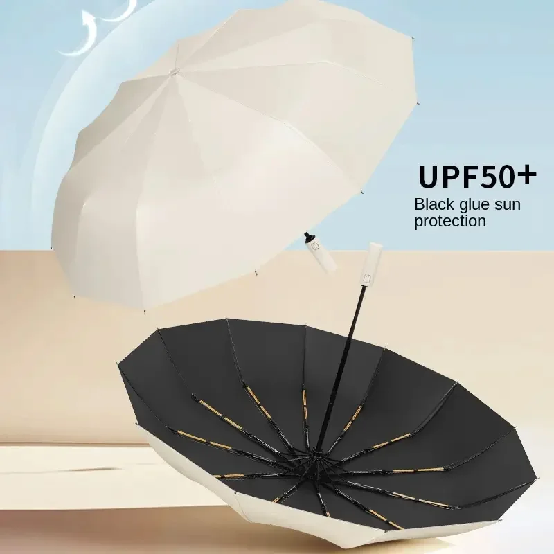 Auto Folding Outdoor Umbrella Triple Fold Sun Rain Resistant Impact Fabric with Black Coated UV Protection Customizable
