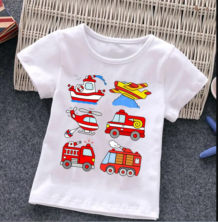 

Fire Truck Print New Children's T-shirt Summer Short Sleeve Tshirt Cartoon Harajuku Girl Boy Top Tee