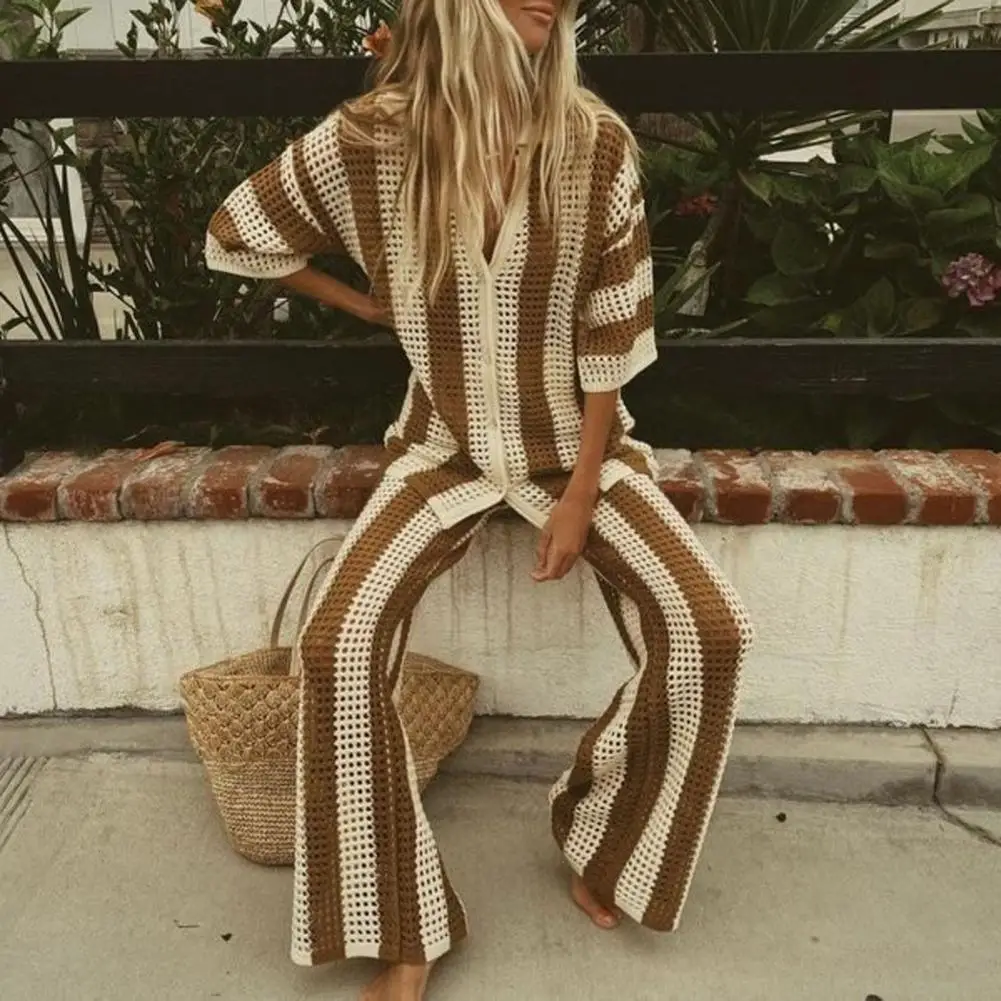 V-neck Striped Shirt Suit Stylish Women's Knitted Shirt Pants Set with V Neck Blouse Wide Leg Trousers Chic Beach for Summer