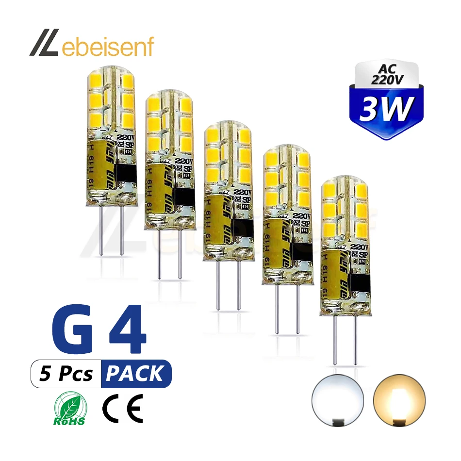 

Mini G4 LED Silicone Corn Light Bulb 220V AC 3W 6000K White 3000K Warm SMD 2835 Bright No Flicker 5 Pcs/Pack for Chandelier Lamp