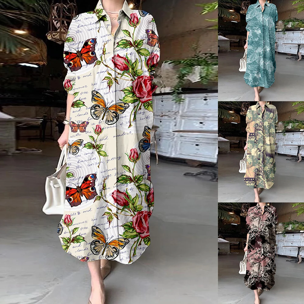 

Colorful Floral Graphic Print Shirt Dress for Women Temperament Elegant Office Lady Commuter Long Dress Casual Loose Blouse Robe