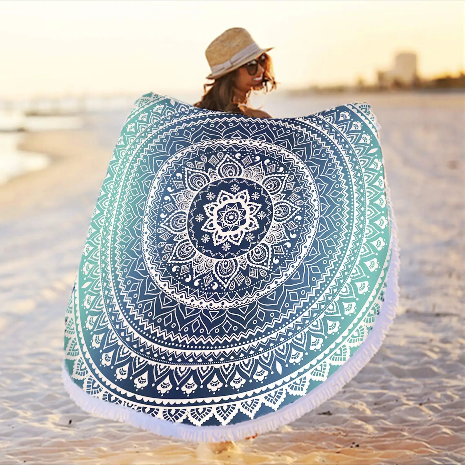 Round Gold Yellow Mandala Beach Towel Blanket,Microfiber Soft Sand Free Large Water Absorbent Beach Blanket Swim Pool Towel 5