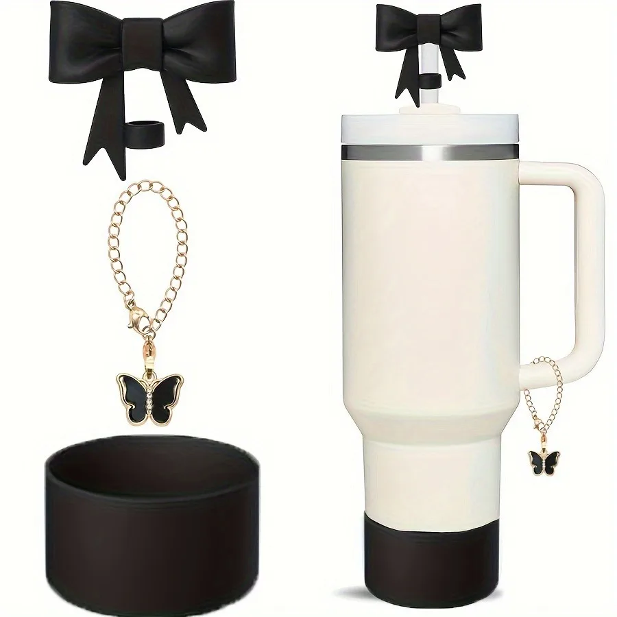 Set of 3 Cute Reusable Silicone Bow Straw Cap Covers and Water Bottle Protective Boots
