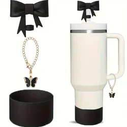 Set of 3 Cute Reusable Silicone Bow Straw Cap Covers and Water Bottle Protective Boots (Black)