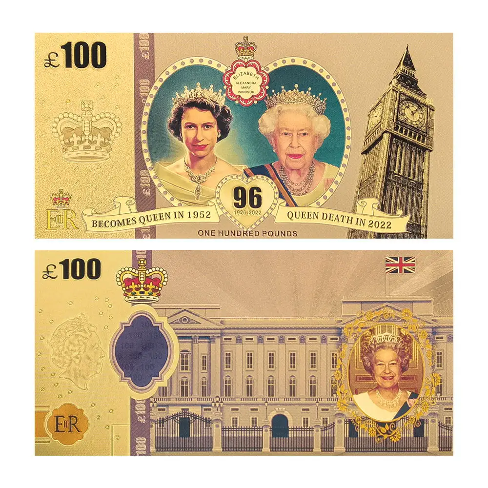 1926-Queen Elizabeth II Gold Foil Commemorative Banknotes 100Pounds Fake Money Uk Royal Family Gifts for Collection commemorative banknotes gold plated banknote fake money prop toy