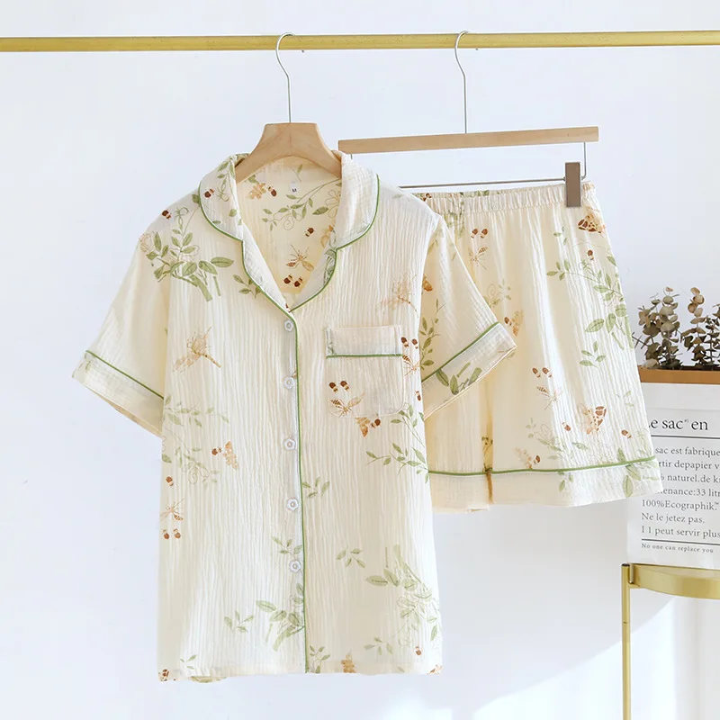 2024 Japanese New Summer Women's Pajama Set 100% Cotton Crepe Short Sleeve Shorts Two Piece Sweet Japanese Home Fury Ladies