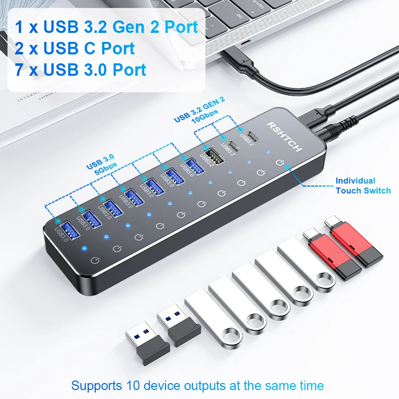 RSHTECH USB C Hub Splitter Individual Touch Switches with 10Gbps USB-A & 2 USB-C Data Ports 7 USB-A 3.0 Ports for Macbook Laptop 2