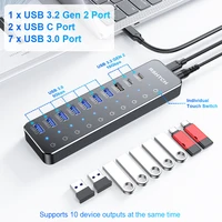 RSHTECH USB C Hub Splitter Individual Touch Switches with 10Gbps USB-A & 2 USB-C Data Ports 7 USB-A 3.0 Ports for Macbook Laptop 2