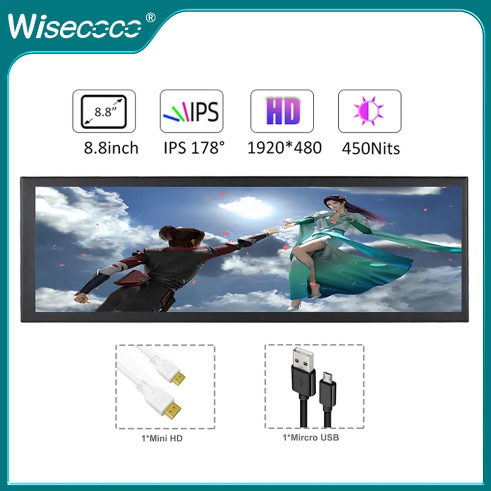 Wisecoco 1920X480 Ips Schermo Secondario 7.84 "/8.8" Monitor Portatile Display Hdmi Per Pc Computer Raspberry Pi 4 3 Aida64