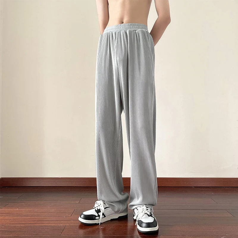 Legible Men's Pant Full Length Wide Leg Pants Male Casual Elastic Waist Loose Stripe straight Pant Man