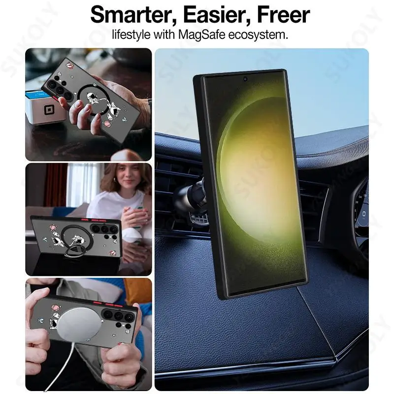 Astronaut Magsafe Charging Matte Acrylic Phone Cover with Iron Ring Design