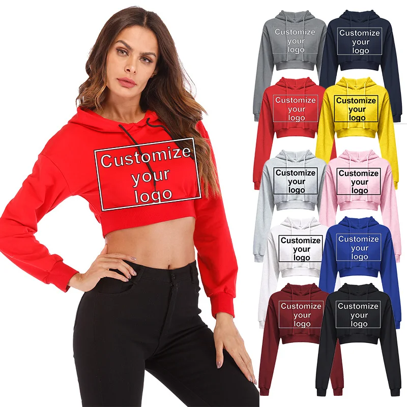 Fashionable Women's Sexy Long sleeved Hooded Short Sweatshirt Flat Corner Open Navel Top Pullover Customized Your Logo Hoodie