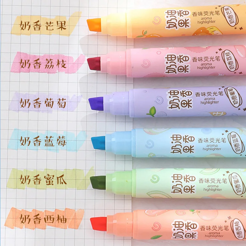 Kawaii 사선 하이라이터, 크림색 과일 향, 대용량 형광 노트 펜, 4mm 두께 마커, 6 가지 색상 세트