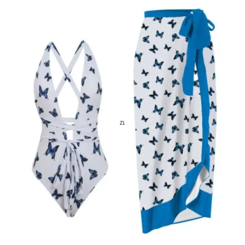 

2 Piece Sets Women Outfi Retro Beach Swimsuit Set Elegant Chiffon Skirt One Piece Swimsuit Printed Beach Sexy Bikini Set Summer