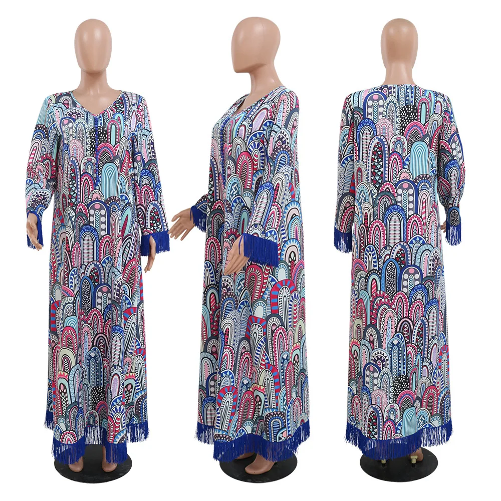 Saudi Arab Women Dress Fashion Printing Tassel Patchwork Long Sleeve Casual Losse Abaya Moroccan Dubai Daily Party 2024