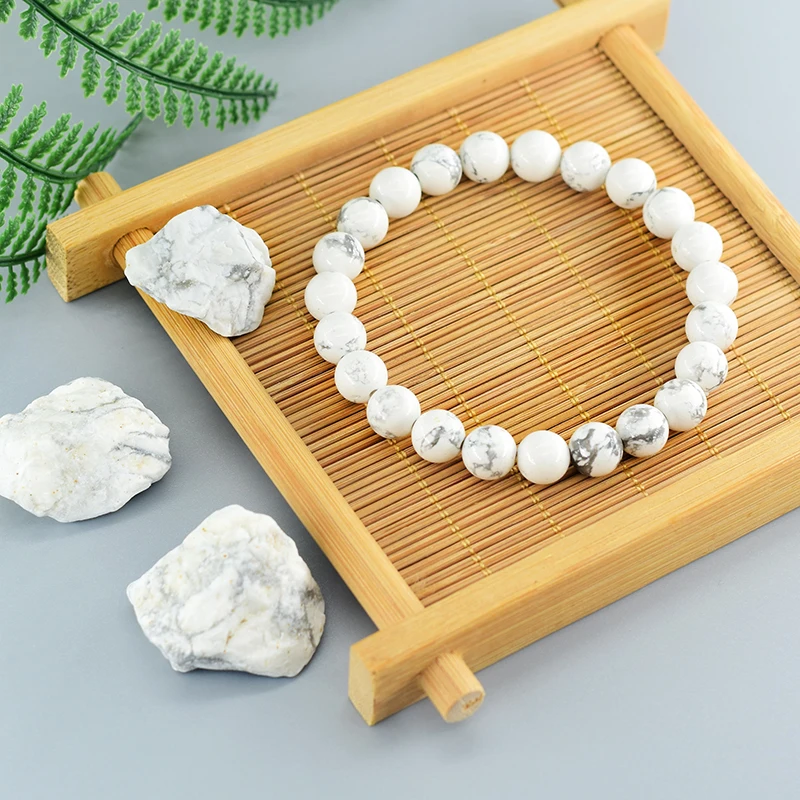 Howlite Beaded Bracelet, 8mm Howlite Natural White Beads Bracelet, Howlite Gemstone Bead Bracelet 18 inch Smooth Round Beads Howlite Jewelry