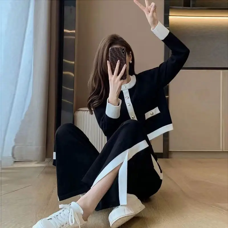 Xiaoxiangfeng Sports Leisure Set For Women's Spring Autumn 2023 New Style Fashion Knitted Cardigan Wide Leg Pants Two Piece Suit