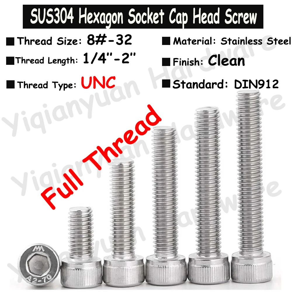 

5Pcs~20Pcs 8#-32 UNC Thread DIN912 SUS304 Stainless Steel Hexagon Socket Knurled Cap Head Bolts Allen Key Screws Full Threaded