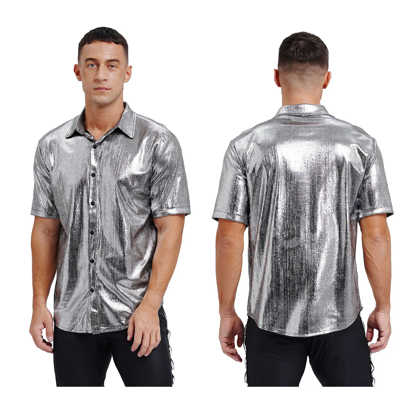 TiaoBug Mens Disco Party Outfit Metallic Shiny Shirt Turn-Down Collar Short Sleeve Button Tops for Nightclub Stage Performance