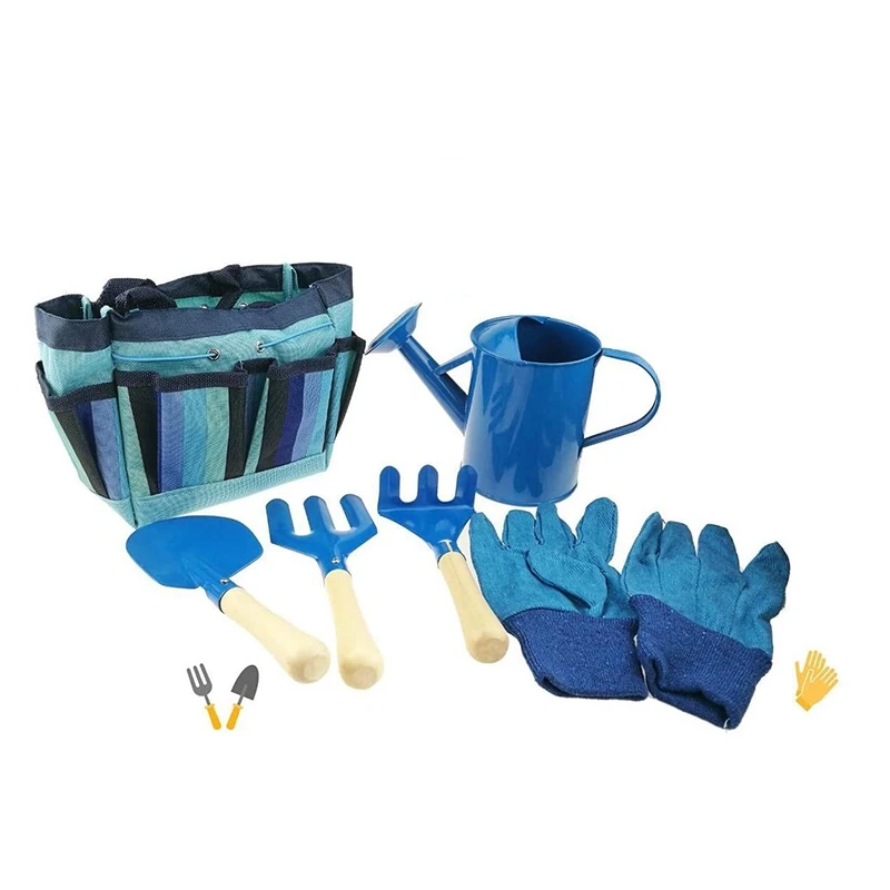 

Детские аксессуары: поливочная банка, перчатки, лопатка, грабли, вилка и сумка для переноски, подарок для девочек и мальчиков (синий)