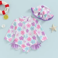 Summer Toddler Baby Girl Rash Guard Swimsuits Infant Floral Beachwear Zipper Swimwear + Sun Hat Set Kids Bathing Suits Biquini 2