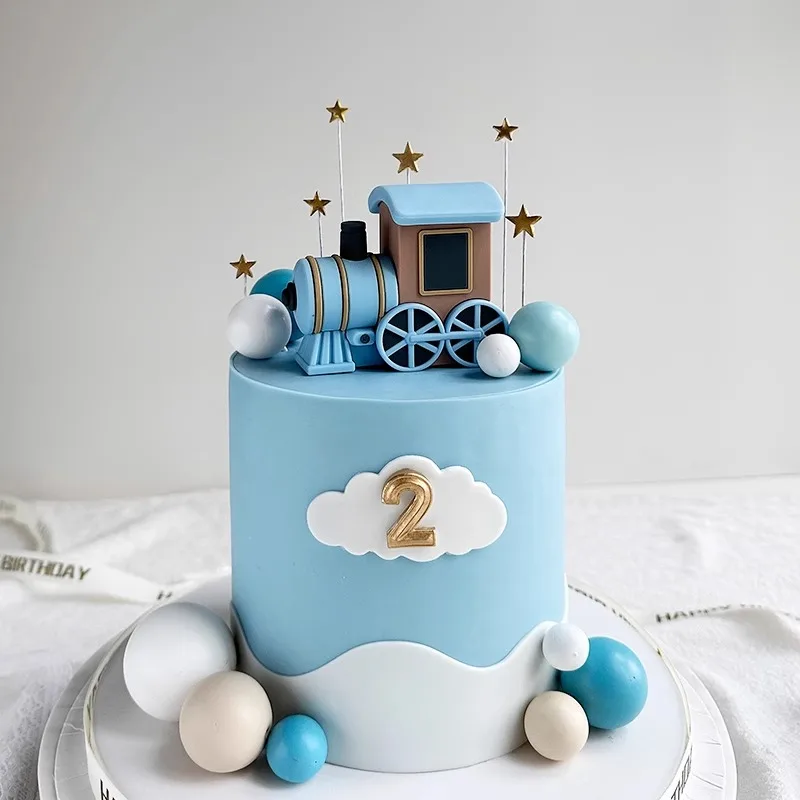 17 Stück blaue Zug-Kuchenaufsätze, Kugeln, Kuchendekorationen mit Stern-Kuchenaufsätzen für Zugthema, Babyparty, Geburtstagsparty-Dekoration