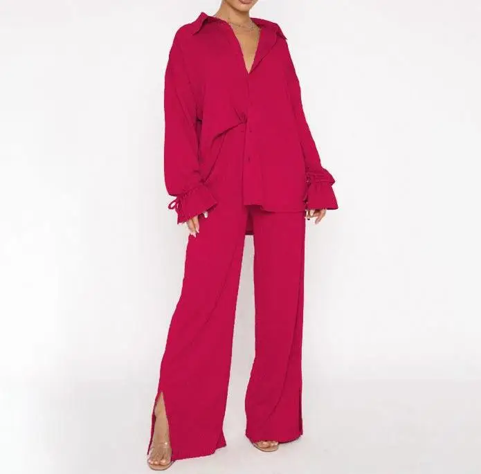 Elegant Women's Pants Suit 2023 Solid Color Lapel Single Breasted Long Sleeve Strappy Top and Fashion Pants Suit Two-Piece Set