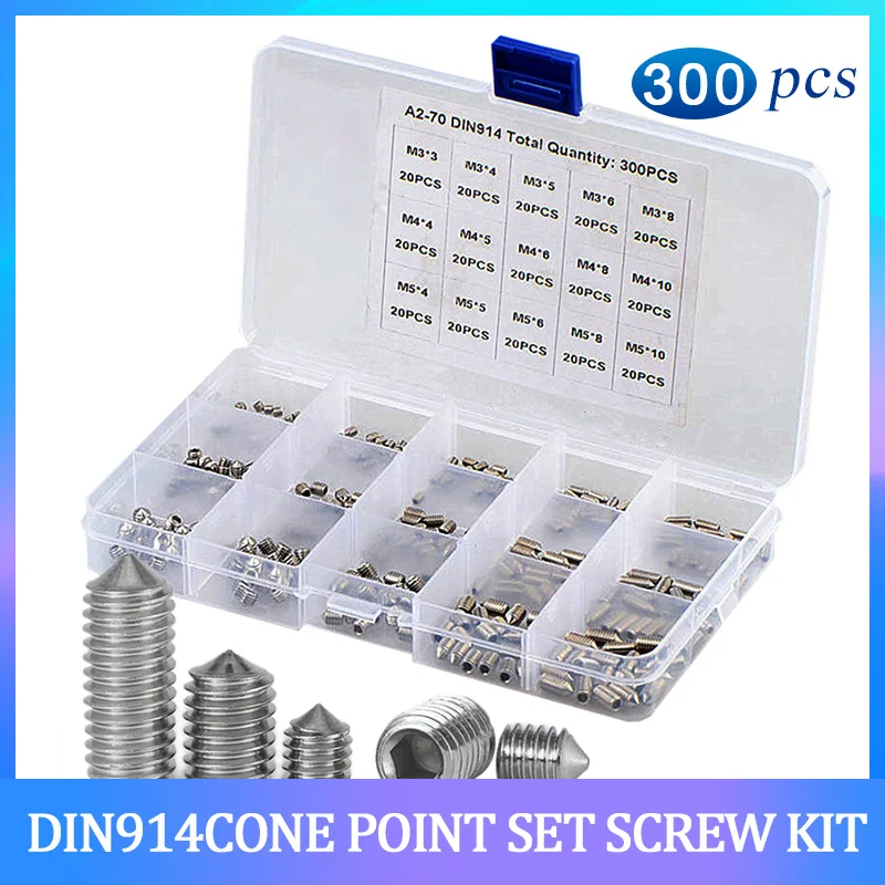 300PCS M3 M4 M5 DIN914 304 Stainless Steel Hex Hexagon Socket Cone Point Grub Screw Set Headless