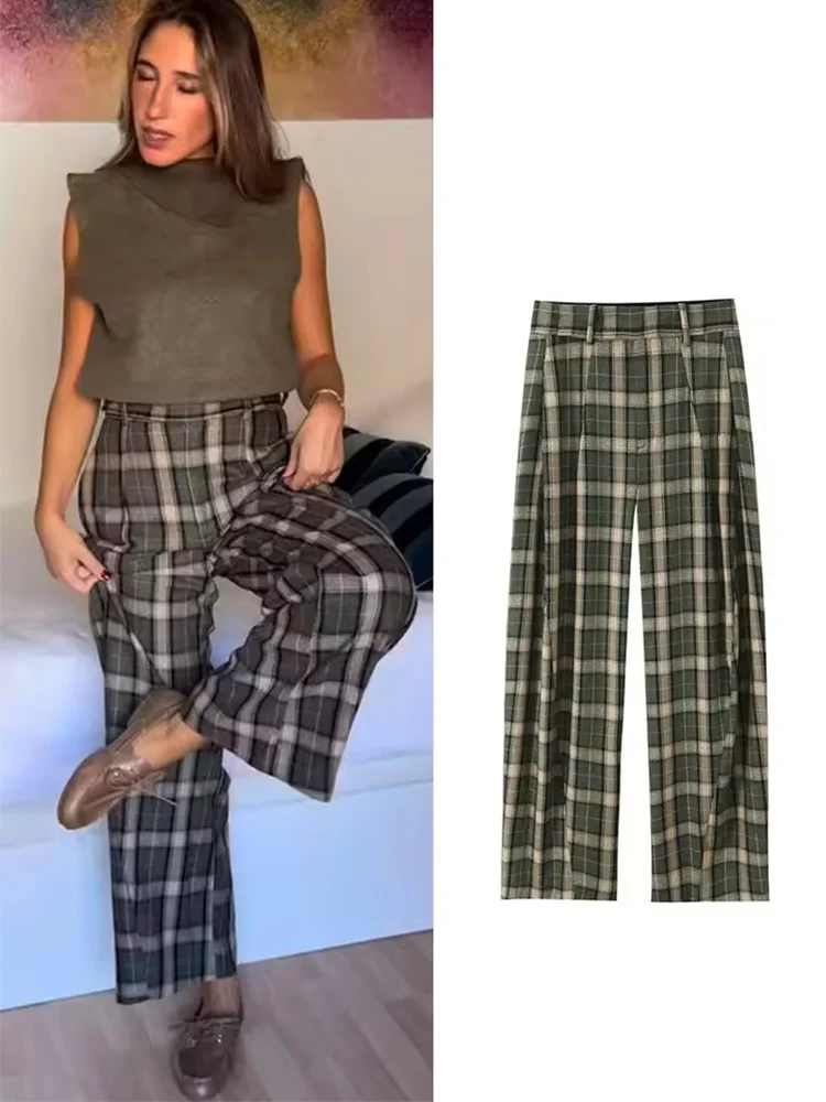 Plaid Wide Leg Pants for Women Mid Waist Loose Pants Woman Streetwear Casual Women's Pants Holiday Vintage Trousers Womens